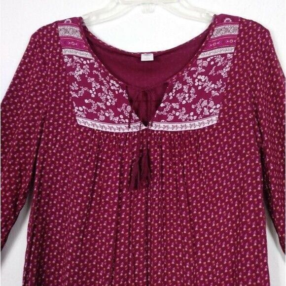 Old Navy Red & Pink Floral Boho Peasant Tie Neck 3/4 Sleeve Mini Dress Size M - Picture 3 of 5